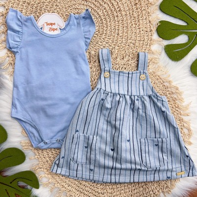 Conj. Body Manga Curta e Salopete Listrada com Corações - Azul Jeans